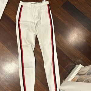 Zara white pants with navy and red stripe